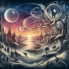 Obraz premium Graffiti Fantasy Worlds Imaginary landscapes and fantastical set