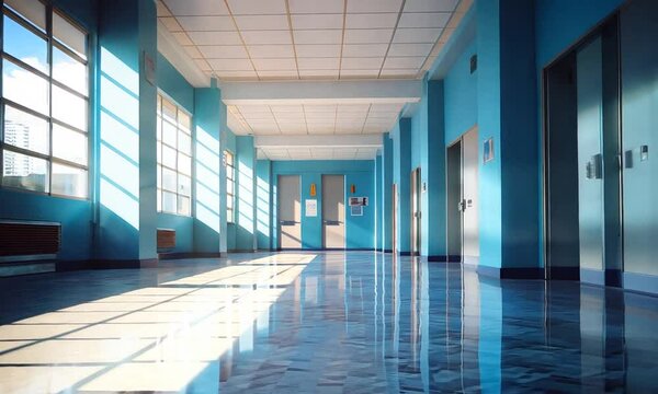 empty school corridor in blue color