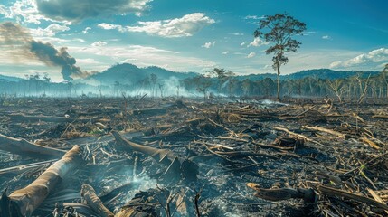 A photo of a deforested landscape. The trees have been cut down and the land is now barren