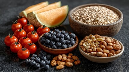 Fototapeta premium Explore delicious and nutritious food combinations with fresh fruits nuts and seeds for a balanced diet