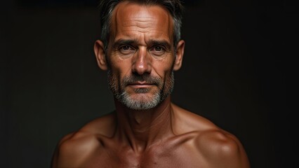 Mature Man With a Strong Expression Posing Under Soft Lighting in a Minimalistic Setting, Showcasing His Natural Features and Confidence