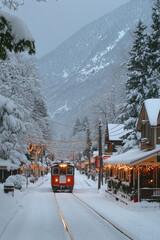 Naklejka premium A red train travels along a snowy street adorned with festive lights in a charming winter village as dusk settles over the mountains
