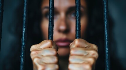 A woman holds onto prison bars, conveying emotions of captivity and despair in a somber, close-up shot.