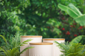 Minimal podium table top outdoors blur green leaf tropical forest plant background.beauty cosmetic...