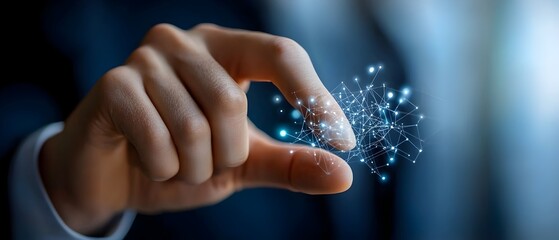 Close up of a human hand reaching out to touch a holographic display of interconnected digital symbols representing the dynamic link between people and the flow of modern data and information