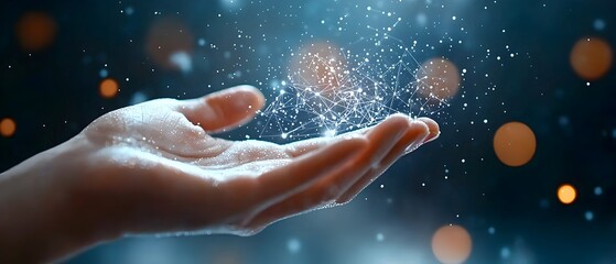 Fototapeta premium Close up shot of a human hand reaching out to interact with a futuristic hologram display showcasing interconnected digital symbols representing the dynamic flow of modern data and information