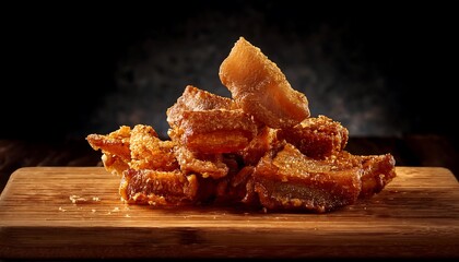 A small black plate filled with crispy fried pork rinds sits on a rustic wooden table against a dark backdrop.