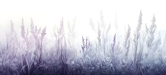 Fototapeta premium A serene landscape featuring tall, flowing grasses with gentle hues of lavender and gray, creating a tranquil atmosphere amidst a misty backdrop.