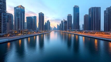 Fototapeta premium Explore the stunning skyline reflections of a modern city at dusk