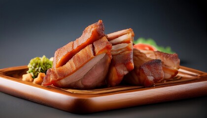 Crispy pork slices on a wooden tray, garnished with parsley, showcasing a delicious and appetizing dish.
