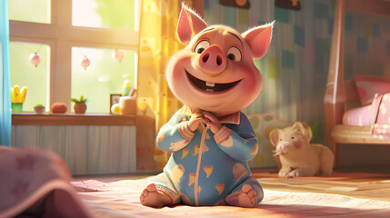 A children story book illustration of a child dressed with a pyjama, smiling and being happy 