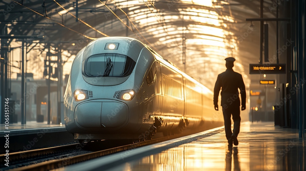 Poster a train conductor walks along a platform at sunset with a modern high-speed train in the background.