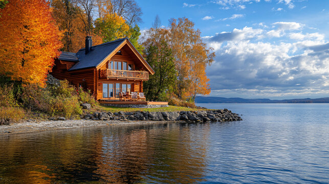 A scenic wooden house overlooking a lake, ideal for a Thanksgiving family retreat.A scenic wooden house overlooking a lake, ideal for a Thanksgiving family retreat.