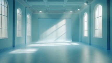 Fototapeta premium A minimalist studio with light blue walls and an open floor. This scene presents a simple and modern space suitable for various product displays, creative work, or art exhibitions.