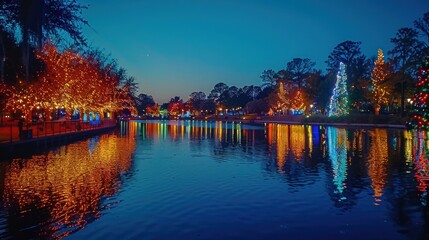 Fototapeta premium Christmas Lights Reflecting on a Lake