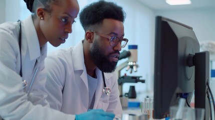 Two scientists, wearing lab coats, are intently working together in a modern laboratory environment, examining data on a computer screen. The setting features advanced scientific equipment.