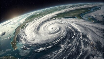 A stunning aerial view of a powerful hurricane swirling over the ocean, showcasing the intensity of nature's forces.