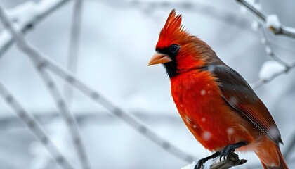 Portrait of striking red cardinal, male, featuring vibrant feathers in a snowy setting