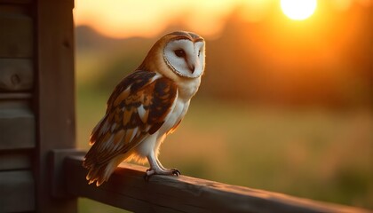 Barn owl perched on rustic, glowing in golden sunset, highlighting detailed feathers and facial disk