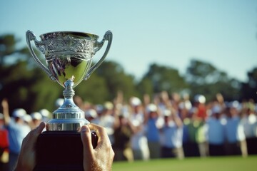 Golf championship event with a prestigious trophy on display and a crowd cheering