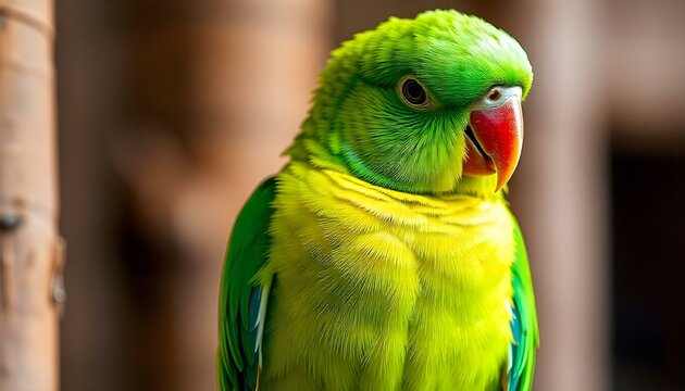 Beautiful male Indian ring-neck parakeet with vivid green feathers sitting on a branch