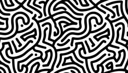 Trendy Black and White Line Doodle Seamless Pattern &ndash; Creative Minimalist Art Background