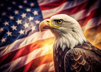 Naklejka premium Bald Eagle Majestic Portrait with American Flag Background - Vintage Style Photography of a Symbol of Freedom and Strength