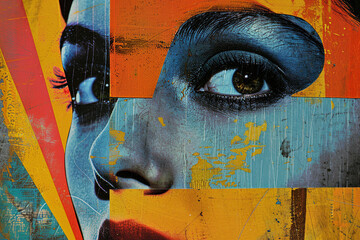 Collage portrait painting facial closeup eye contact print design art poster Generative AI technology