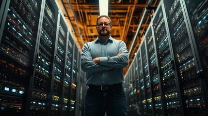 Confident IT Professional in Data Center Surrounded by Server Racks
