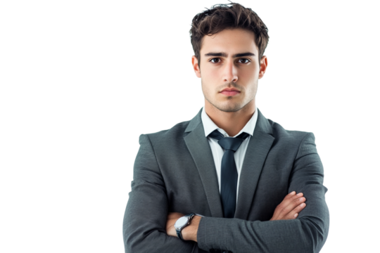 Young Businessman Standing with a Determined Expression Isolated on Transparent. PNG - Powered by Adobe