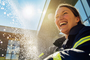 Joyful female firefighter laughing under the sunlight while spraying water