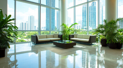 Fototapeta premium Modern Office Lobby With Urban View and Greenery