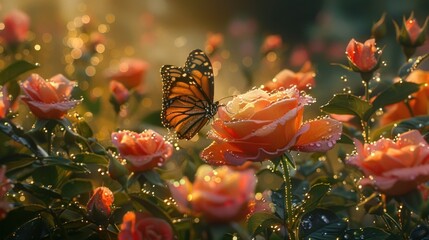 Butterfly on a Rose in a Garden