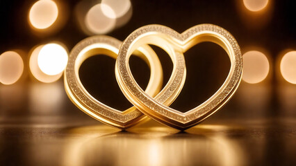 Shiny golden hearts on a reflective surface with glowing lights.