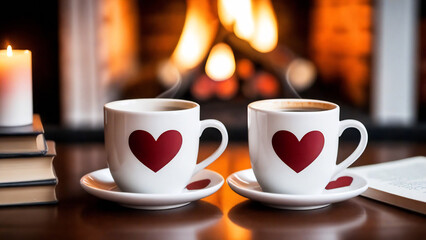 Fototapeta premium Two coffee cups with red hearts, cozy blurred background.