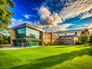 Fototapeta premium Beautiful School Building Surrounded by Lush Green Lawn and Trees - Ideal for Educational Themes, Infrastructure, Outdoor Learning Environments, and Campus Design Projects