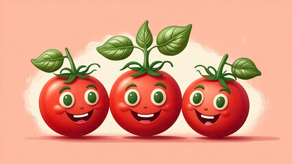 Playful tomatoes with cute faces on peach backdrop.