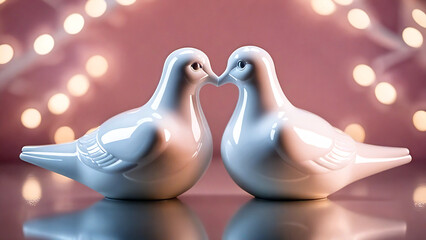 Romantic doves statuettes with soft lights in the background.