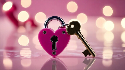 Heart-shaped padlock and vintage key on glossy surface.