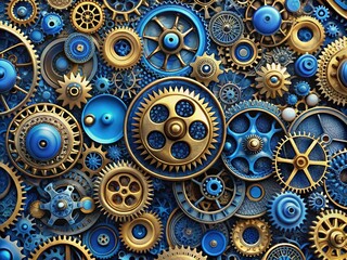 A surreal, blue and gold cogwheel pattern, mechanical background.