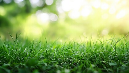 Fototapeta premium Green Grass Closeup with Sunlit Background, Copy Space