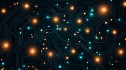 Obraz premium Abstract digital circuit board pattern with glowing lights in blue and orange.