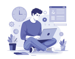 A young man sitting on the floor and working on a laptop in flat vector illustration