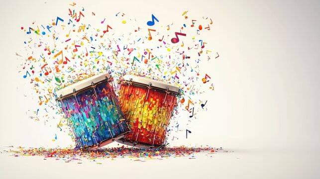 Two stylish drums feature colorful textures with an explosion of musical notes, showcasing an interplay of vibrancy, art, and the rhythmic pulse of music.