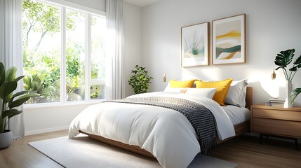 Cozy and Inviting Minimalist Bedroom Interior with Large Window Allowing Natural Light to Pour In Featuring Stylish Furniture and Decor Elements