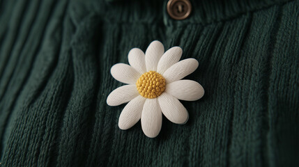 Obraz premium white daisy flower brooch attached to knitwear, crochet brooch, handmade brooch, crochet flower