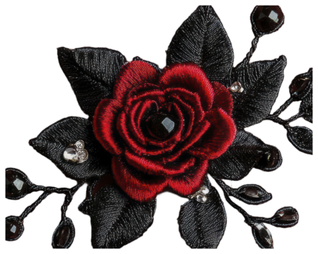 A single red rose with black leaves and beads embroidered in detail