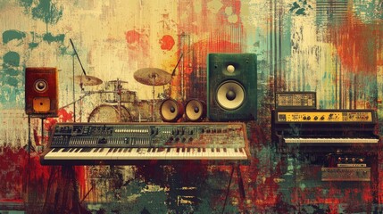 A vintage music studio with a drum set, keyboard, speakers and other equipment on an abstract background.