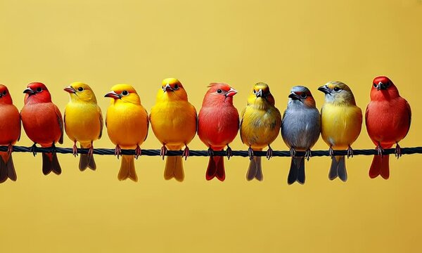 A flock of colorful birds perching on a wire turning their heads to face the camera