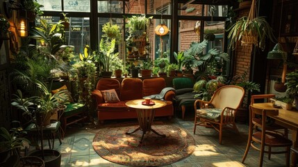 Fototapeta premium Cozy Greenhouse Interior Design with Lush Greenery